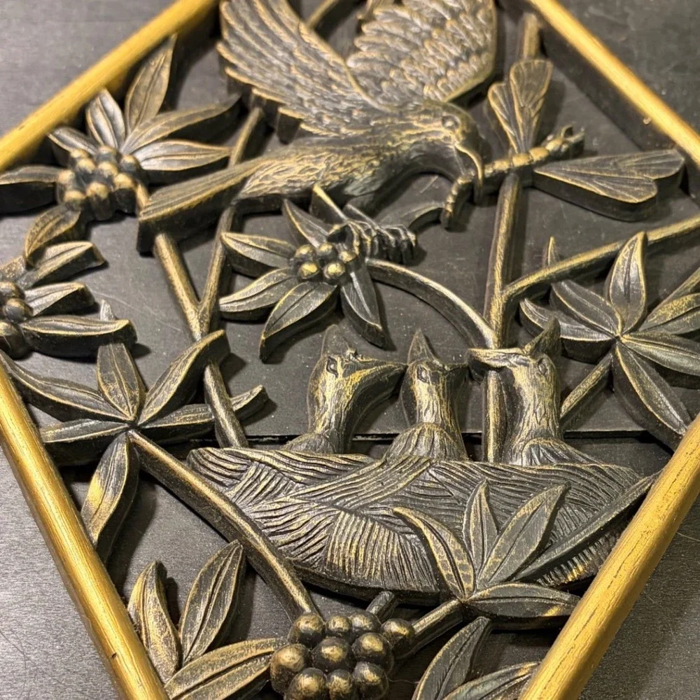Vintage 1972 Burwood Products Bird Nest Dragonfly Diamond Wall Art Plaque Gold